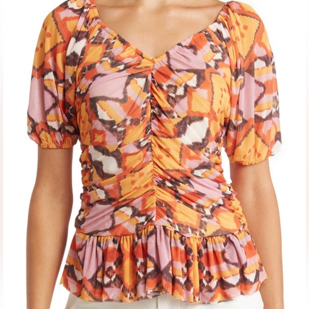 DR2 by Daniel Rainn women’s Puff Sleeve Ruched Mesh Peplum Top - Picture 4 of 11